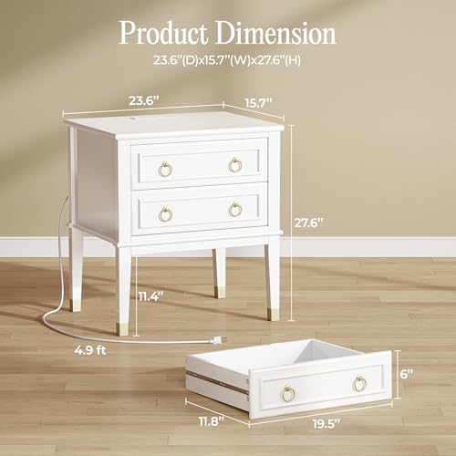 27.6 Inch Tall Nightstand with Charging Station (White)
