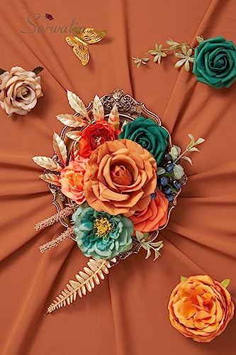 Teal Burnt Orange Silk Flowers Fall Artificial Flowers for Wedding (A Athens Orange Teal Blue / 2 Boxes)