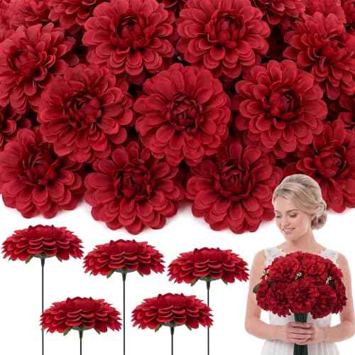 100pcs Red Artificial Dahlia Flowers with Stems (Red)