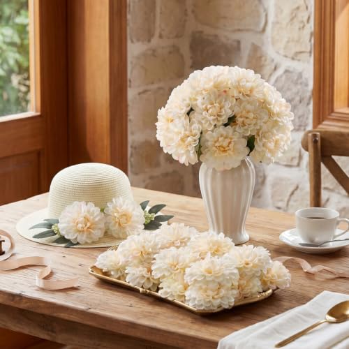 100pcs Beige Artificial Dahlia Flowers with Stems (Beige)