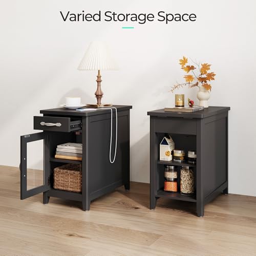 Set of 2 Charging End Tables with USB (Black / Glass Door)