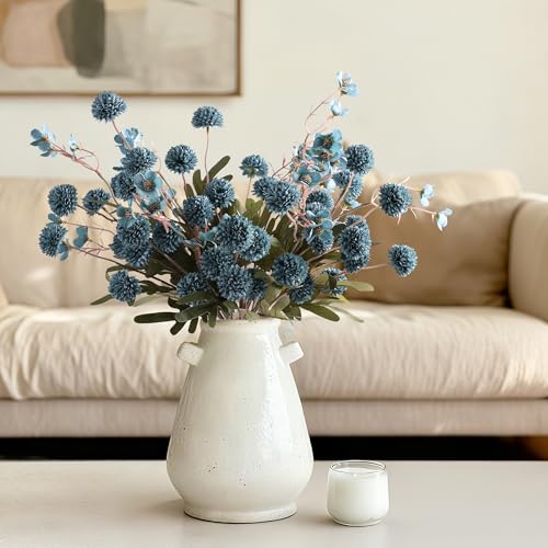 8 Pcs Fake Mums Kiku Flowers Artificial with Wild Flowers Bulk (8pcs-blue Wax&kiku)