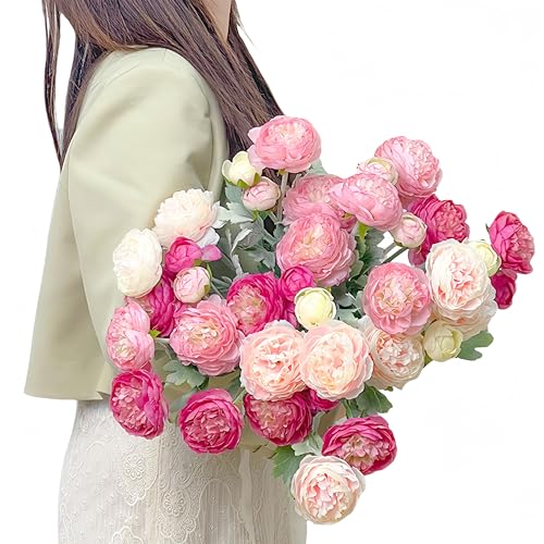 Artificial Flowers Silk Peony Pink Flowers Combo Rose Red Silk Flowers Bouquet 20Pcs 60Heads Fake Peonies for Faux Floral Arrangements Home Table Kitchen Wedding Party Farmhouse Decor (Multicolor(20pcs))