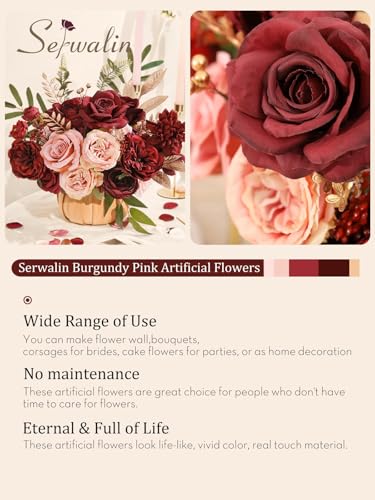 2PCS Artificial Flowers Burgundy Pink Fake Flowers for Wedding (Classic Burgundy Pink / 2 Boxes)