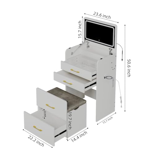 3-in-1 Vanity Desk Set with Stool, Small Flip-Up Makeup Table, White (White / 23.6 Inch)