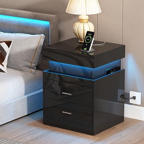 LED Nightstand with Charging Station and Sliding Storage (Black / 1 Pack)
