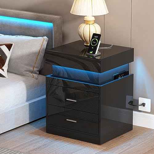 LED Nightstand with Charging Station and Sliding Storage (Black / 1 Pack)