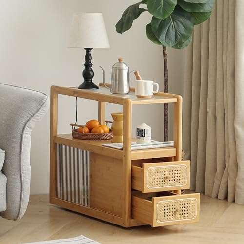 Rattan Nightstand Side Table with Storage (Wood)