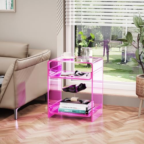 Acrylic End Table Record Player Table with Storage Shelf Clear Side Table Nightstand (Pink)