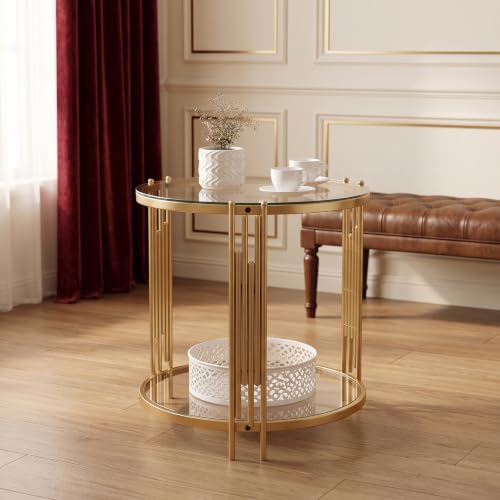 Round Side Table Small Gold End Table Living Room (Gold / 2 Tier)