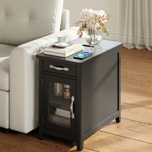 End Table with Charging Station (Black / Glass Door)