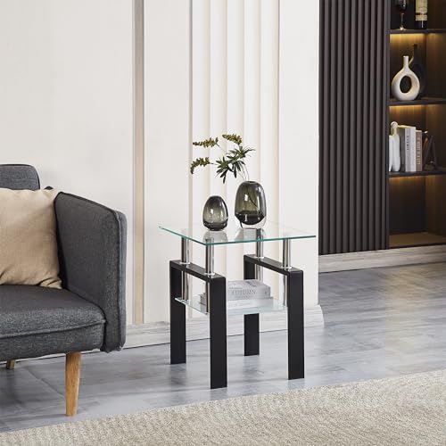 Set of 2 Modern Glass End Tables (Clear Top With Black Leg)