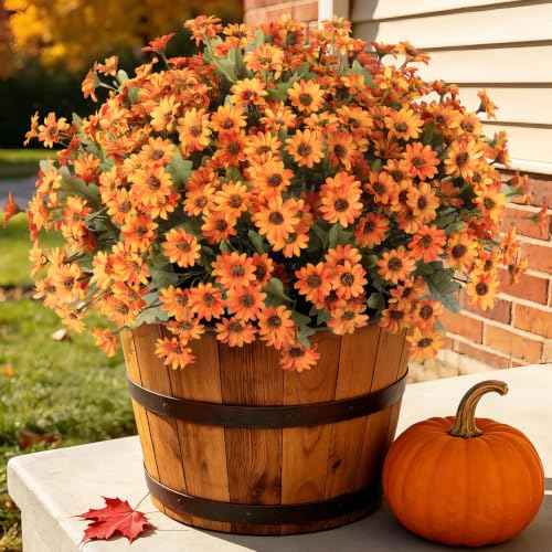 Artificial Fall Flowers Fake Mums Plants for Outdoors Decoration (Orange)