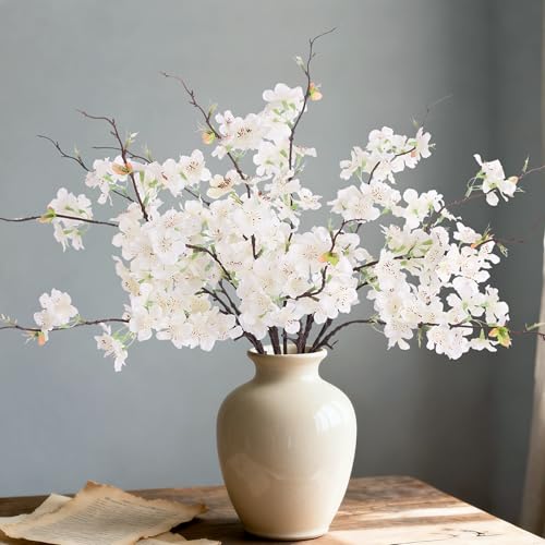 Artificial Cherry Blossom Branches Decor 12 PCS Fake Flowers Indoor (12pcs-18.11 Inch White)