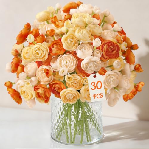 30Pcs Ranunculus Artificial Flowers Fall Faux Silk Mini Ranunculus (Cream&ombre Orange&pale Yellow)