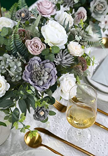 Artificial Flowers Combo Roses 25pcs Silk Fake Flowers for DIY Wedding Bouquets Combo Gradual Change Centerpieces Arrangements Party Bridal Baby Shower Home Decorations (Purple Green)