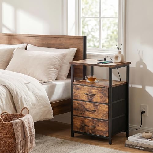 Night Stand with Charging Station (15.7"D x 11.8"W x 26.9"H (3 drawers) / Power (1pc) / Rustic Brown)