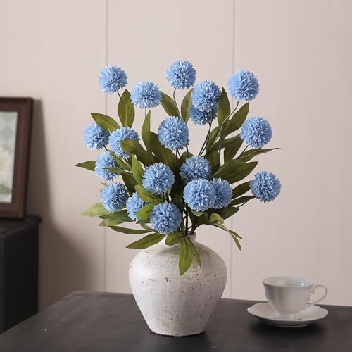 6 Pcs 27"Artificial Pompon Mum Silk Flower Stems for Vase (Dusty Blue)