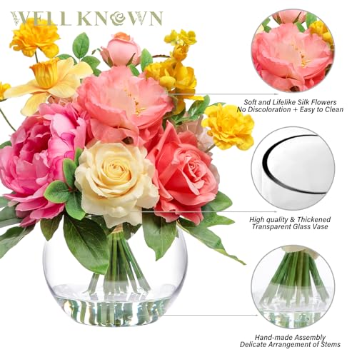 Artificial Flowers Centerpieces in Glass Vase with Fake Water (Yellow, Coral & Hot Pink)