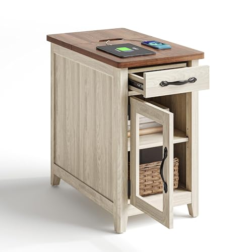 End Table with Charging Station (Washed Grey and Brown / Glass Door)