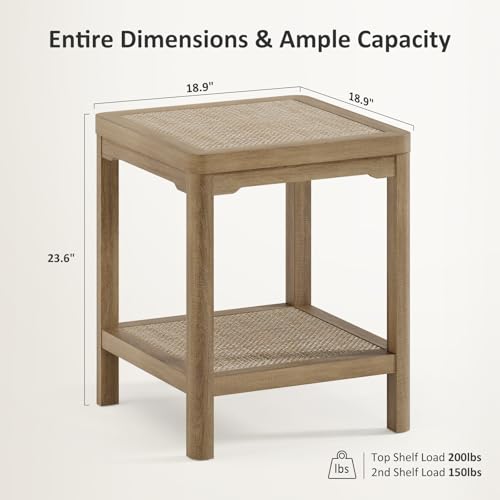 Square Rattan End Table Side Table Set of 2 with Round Edge Design (Caramel Oak, Square)