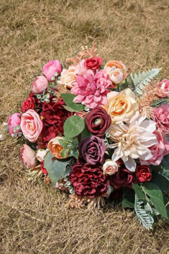 Artificial Flowers Combo Box Set Faux Flowers Bulk Flower Leaf with Stems for DIY Wedding Bouquets Centerpieces Baby Shower Party Home Decorations (Burgundy Pink)