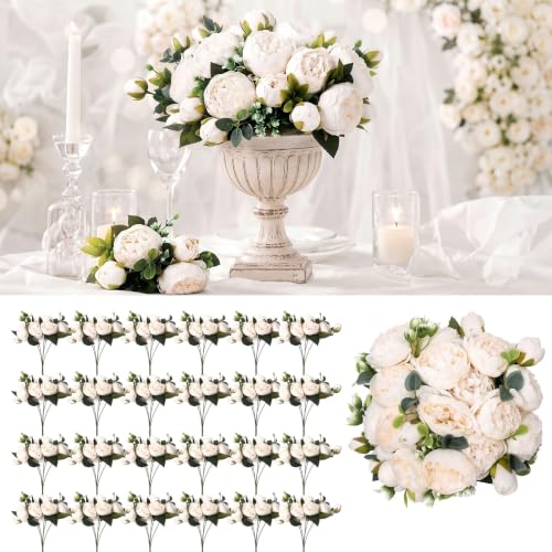 24 Bundles Artificial Peonies Flowers (White)