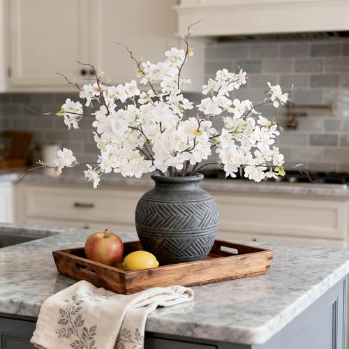 Artificial Cherry Blossom Branches Decor 12 PCS Fake Flowers Indoor (12pcs-18.11 Inch White)