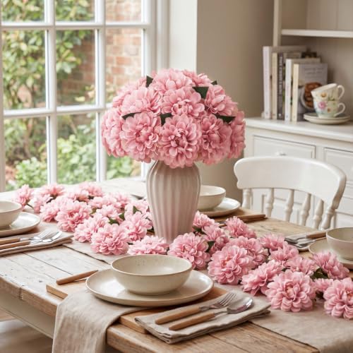 100pcs Pink Artificial Dahlia Flowers with Stems (Pinkish Brown)
