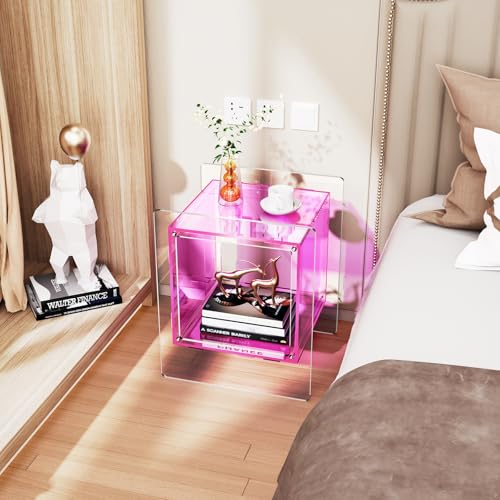 Acrylic Nightstand Colorful Bedside Table with Open Storage Shelf (Pink)