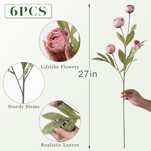 6 Pcs 27" Faux Silk Peony Artificial Flowers Stems for Vase (Blush Pink)