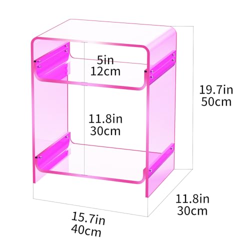 Acrylic End Table Record Player Table with Storage Shelf Clear Side Table Nightstand (Pink)