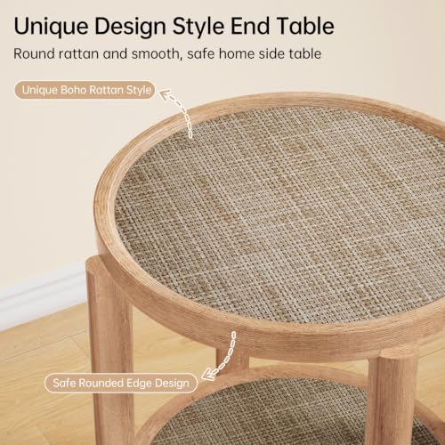 Rattan Round Side Table End Table with Storage Shelf (Natural Oak, Round)