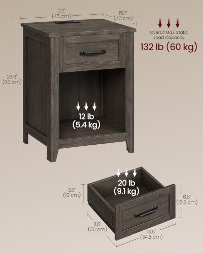 Farmhouse Nightstand with Charging Station (Taupe Brown / 2 PACK)