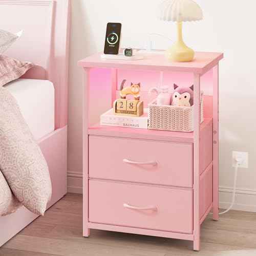 Night Stand with Charging Station (15.7"D x 11.8"W x 23.6"H (2 drawers) / Power+Light (1pc) / Pink)