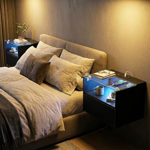 Floating Nightstand Set of 2 with Charging Station and Drawer (Black)