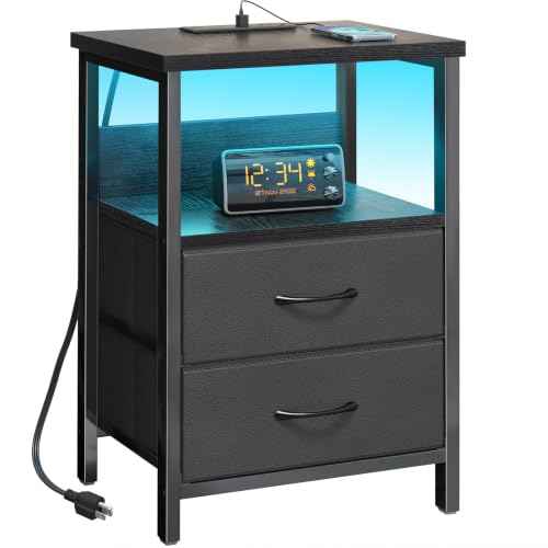 Night Stand with Charging Station (15.7"D x 11.8"W x 23.6"H (2 drawers) / Power+Light (1pc) / Black)