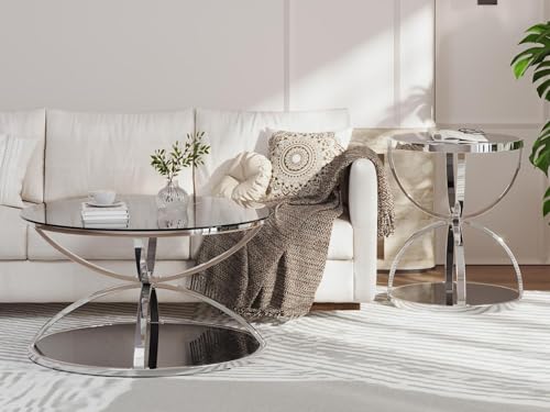 2Pcs Round Glass Coffee Table and End Table Sets with 2 Tiers (Medium / Silver)