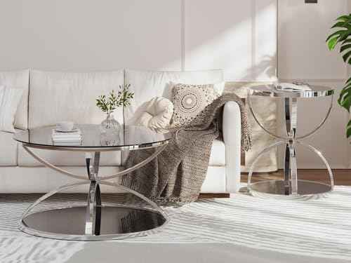 2Pcs Round Glass Coffee Table and End Table Sets with 2 Tiers (Medium / Silver)