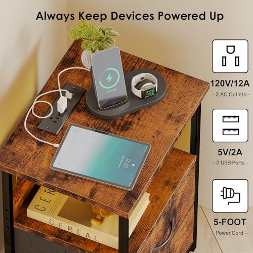 Night Stand with Charging Station (15.7"D x 11.8"W x 23.6"H (2 drawers) / Power+Light (1pc) / Rustic Brown)