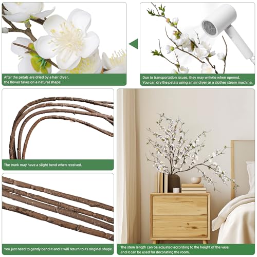 Artificial Plum Blossom Fake Cherry Blossom Branches Fake Flowers Artificial Flowers 4PCS 35.4'' Long Stem Artificial Flowers for Tall Vase Silk Flowers for Indoor Home Decor (White)