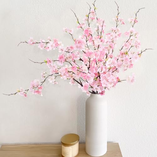 Artificial Cherry Blossom Branches Decor 6 PCS Fake Flowers Indoor (6pcs-29.92 Inch Pink)