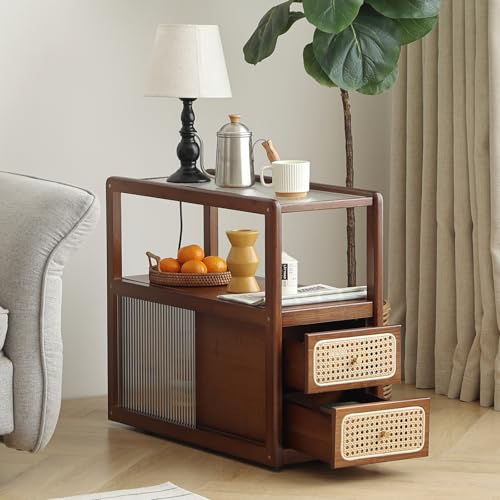 Rattan Nightstand Side Table with Storage (Walnut)