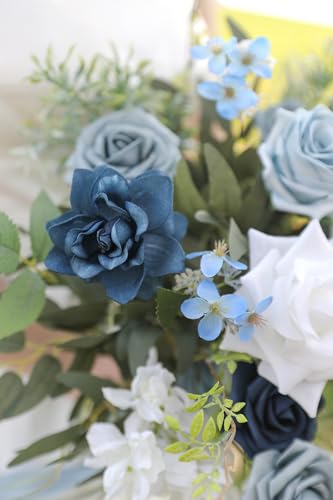 Artificial Flowers Combo Box Set for DIY Wedding Bouquets Centerpieces Arrangements Bridal Shower Party Home Decorations (Light Blue&navy Blue)