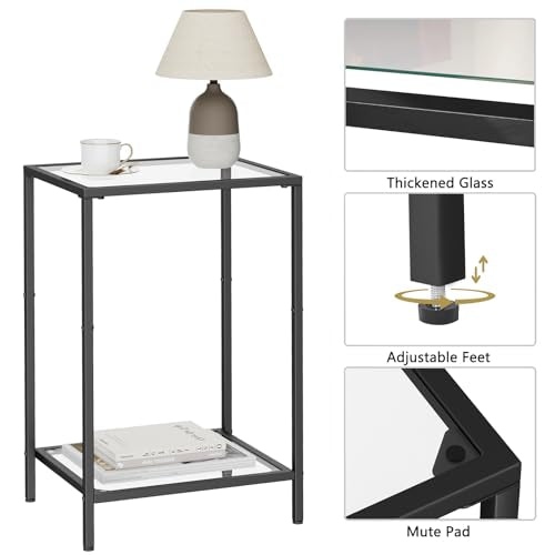 Side Tables Set of 2 with Tempered Glass (Black / 11.8"D x 15"W x 23.6"H)