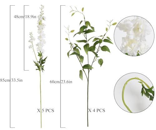 White Flowers Artificial Delphinium 9PCS with Clematis Greenery for Wedding & Home Decor (White)