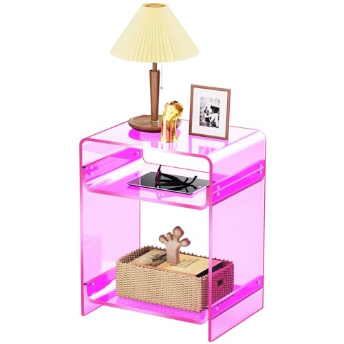 Acrylic End Table Record Player Table with Storage Shelf Clear Side Table Nightstand (Pink)