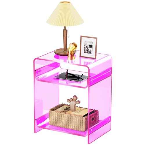 Acrylic End Table Record Player Table with Storage Shelf Clear Side Table Nightstand (Pink)