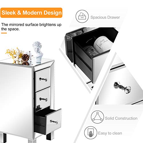 3 Drawer Mirrored Nightstand End Table Bedside Table for Bedroom (1 Pack / Assembly: Knobs Only / Actual Glass Mirror Finish)