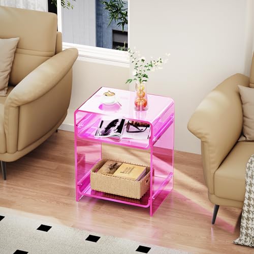 Acrylic End Table Record Player Table with Storage Shelf Clear Side Table Nightstand (Pink)